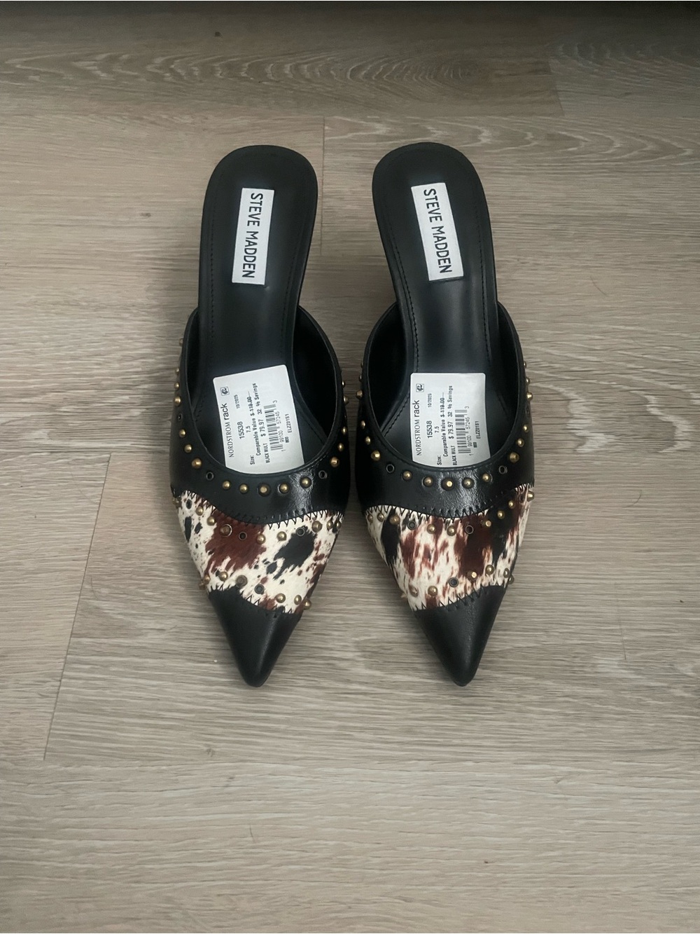 Steve Madden Black Mules with Brown & White Cow-Print Toe and Gold Studs - Picture 4 of 5